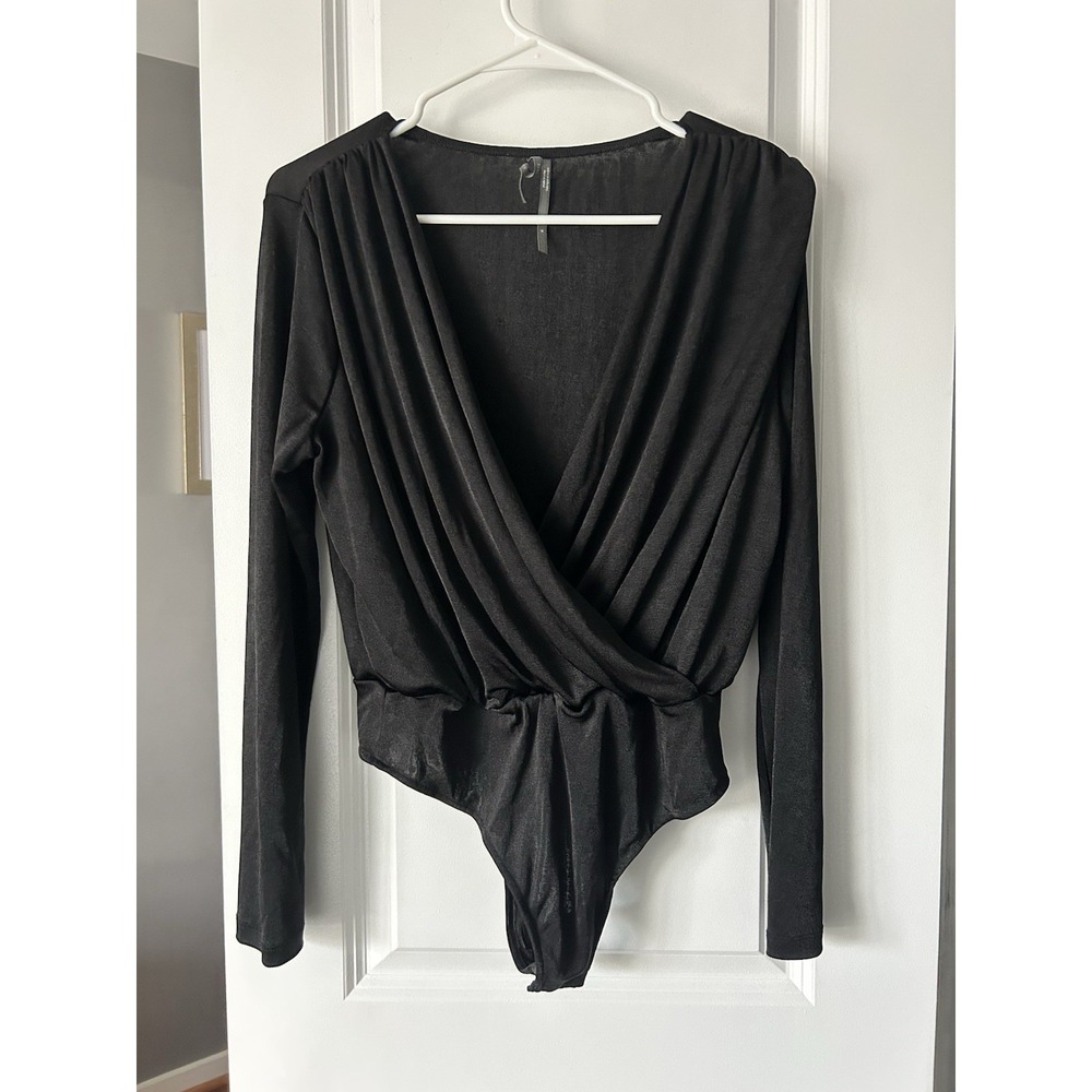 Anthropologie Black Faux-Wrap Shimmer Bodysuit‎ Long Sleeve Size Medium